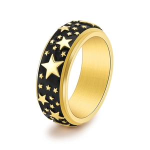 Rotating stainless steel star ring with black enamel and gold engraved pentagrams