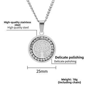 Detail of 25mm tree of life pendant in polished titanium steel with crystal rim