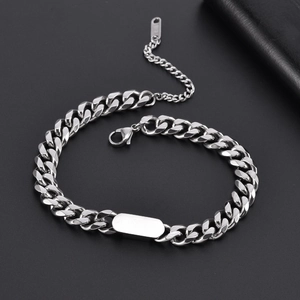 Bracciale a catena cubana in acciaio argento con piastrina rettangolare liscia lucida
