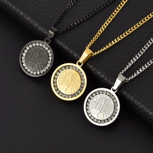 Titanium steel tree of life pendant necklace in black, gold, and silver with rhinestones