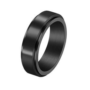 Macro detail of black stainless steel fidget ring featuring polished surface and brushed inner band