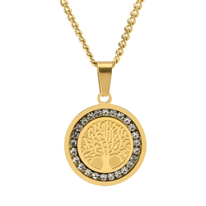 Stainless Steel Tree Of Life Round Plate Pendant Necklace For Men Women Rhinestone Inlaid Long Sweater Chain Jewelry Gift