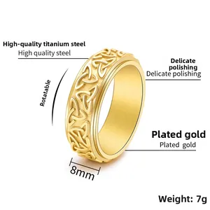 Detail view of 8mm gold stainless steel Celtic knot spinner ring with 7g weight specs
