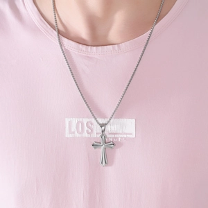 Polished stainless steel cross pendant necklace with a classic 3D edge for men and women