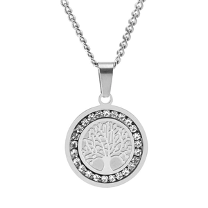 Silver tree of life pendant necklace with cubic zirconia border and twisted chain