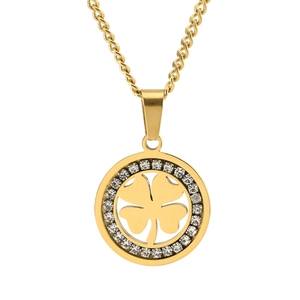 Collier Pendentif Rond Trèfle en Acier Inoxydable pour Femmes Collier Trèfle à Quatre Feuilles Porte-Bonheur Ajouré Incrusté de Strass Bijoux Cadeau