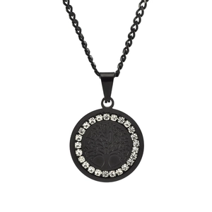 Titanium steel tree of life necklace with black circular pendant and white crystals