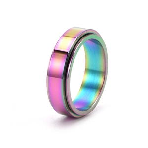 Macro detail of rainbow gradient spinner ring with a brushed stainless steel finish