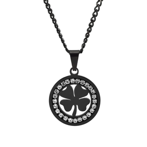 Collier trèfle à quatre feuilles en acier inoxydable noir orné de zircons scintillants