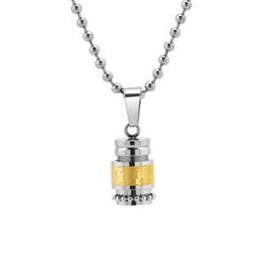 Titanium steel cylinder mantra pendant necklace with gold spinning wheel design
