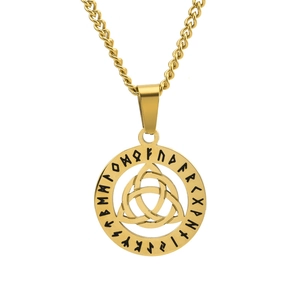 Gold Viking necklace with hollow Triquetra knot and Elder Futhark runes on steel pendant