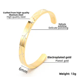 Detailed view of C-shaped titanium steel bracelet with gold plating and white wood grain