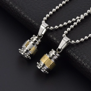 Titanium steel cylinder mantra pendant necklace with gold and silver dual-tone finish