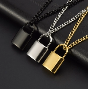 Collana con lucchetto hip hop in acciaio inossidabile nero, oro e argento