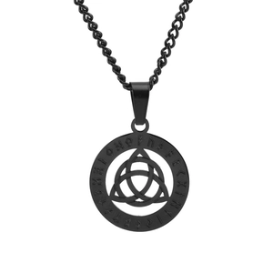 Nordic Viking rune necklace with triangle Celtic knot in matte black stainless steel finish