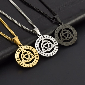 Nordic Viking Rune Triangle Knot Pendant Necklace in Gold, Silver, and Black Steel