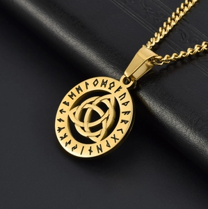 Nordic Viking Triquetra Rune Necklace in Gold Stainless Steel with Cuban Chain