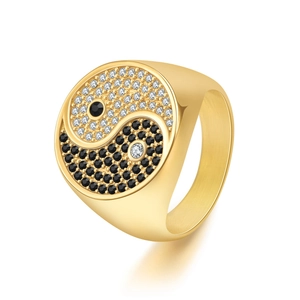Golden titanium steel Yin Yang Tai Chi ring with black and white zircon stone inlay