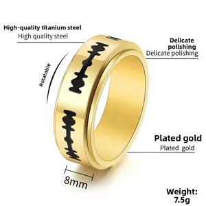 Close-up of rotatable 8mm gold titanium steel ring with black sawtooth blade design