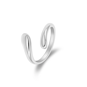 Minimalist adjustable silver wave ring with liquid drop design and polished finish