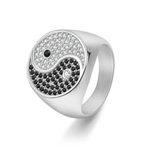 Vintage Chinese Style Tai Chi Yin Yang Signet Ring Men Titanium Stainless Steel Black White Rhinestone Inlaid Jewelry Ring