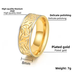 Detail of 8mm Viking Triquetra ring in gold and silver finish with size specs