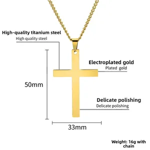 Detailed view of 50x33mm gold plated stainless steel cross pendant with size measurements