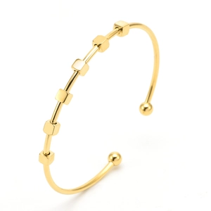 Minimalist gold titanium steel C-shaped open bracelet with small geometric cube beads