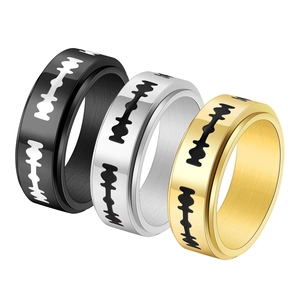 Close-up of rotatable razor blade pattern rings in black, silver, and gold titanium steel