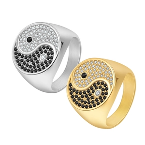 Men's titanium steel tai chi ring with black and white pavé cubic zirconia in gold and silver