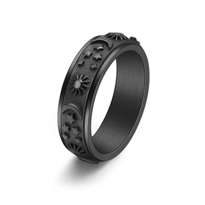 6mm matte black stainless steel spinner ring with sun moon and star celestial motifs