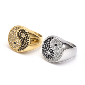 Gold and silver stainless steel Tai Chi Yin Yang rings featuring sparkling rhinestones