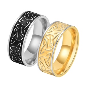 Nordic Viking Celtic knot stainless steel rings in black and gold finishes on white background