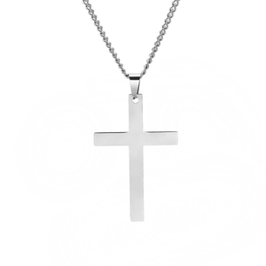 Polished silver stainless steel cross pendant necklace for men and women on white background