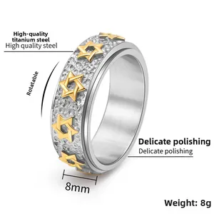 Detail of 8mm rotating hexagram spinner ring made from premium brushed titanium steel