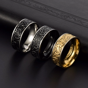 Men's vintage titanium steel Celtic knot rings in silver, black and gold finishes