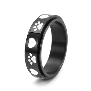 Black rotatable stainless steel ring with white heart and paw print pattern