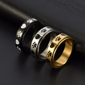 Rotating stainless steel rings set in black, silver, and gold with paw and heart patterns