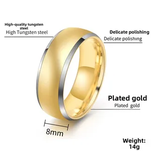 Detailed close-up of 8mm dual-tone tungsten steel ring with polished golden center band