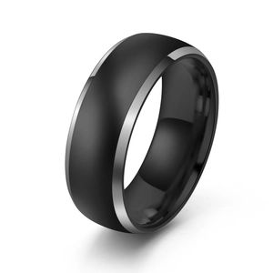 Polished tungsten ring with black matte center and silver beveled edges for men