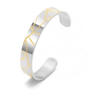 Unisex C-shaped wood grain crack titanium steel open bangle with gold kintsugi texture