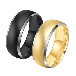 Minimalist tungsten steel rings in matte black and polished gold with silver edges