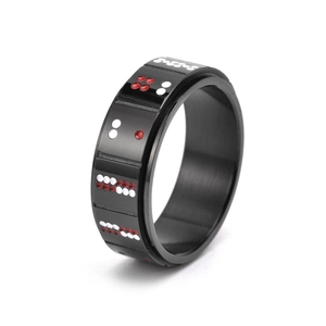 Men's black stainless steel spinner ring with domino dice patterns in red and white dots