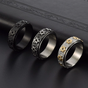 Vintage rotating hexagram spinning ring made of titanium steel with hammered finish