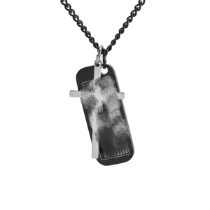 Collier style industriel en acier inoxydable avec plaque rectangulaire et croix argentée