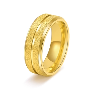Polished gold stainless steel ring with double frosted texture and a center groove