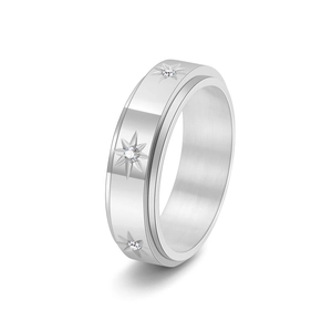 Bague rotative en argent poli avec zircons étoilés pour couple en inox