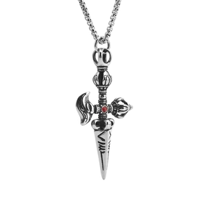 Vintage stainless steel cross phurba pendant with red zircon and retro silver chain
