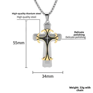 Detailed size chart showing 55x34mm titanium steel cross pendant and 33g weight specs