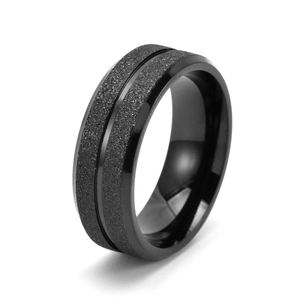 Men's matte black stainless steel ring featuring a polished double-groove and beveled edges